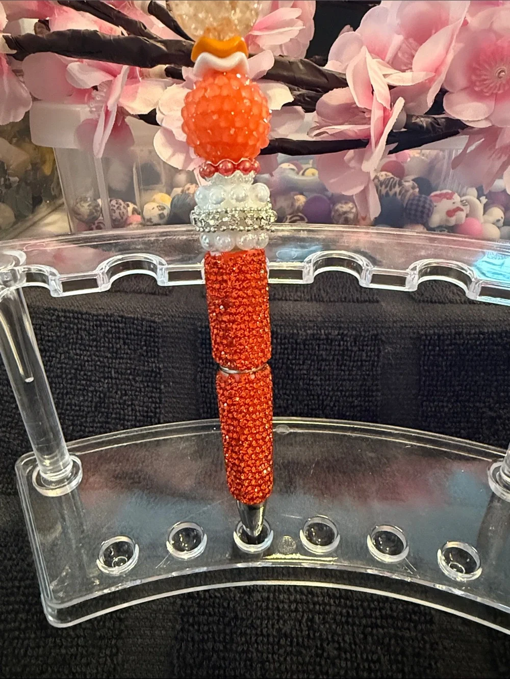 Handcrafted Orange Beaded Flower Pen - Unbranded
